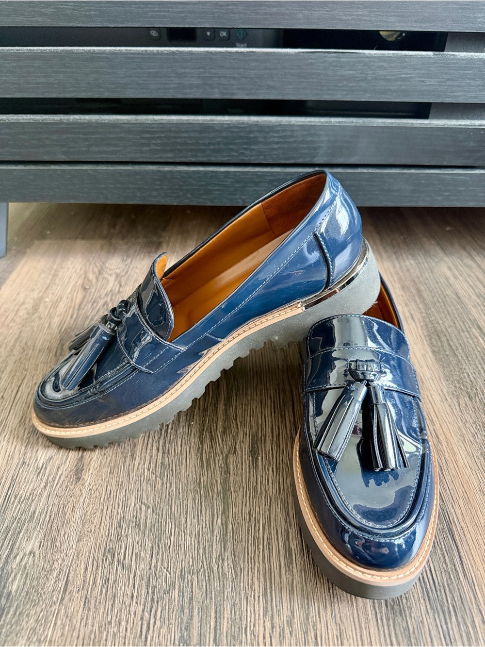 Franco Sarto | Navy Patent Tassel Loafers | Size 8W